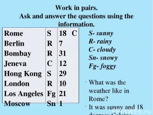 Work in pairs. Ask and answer the questions using the information. S- sunny R- r