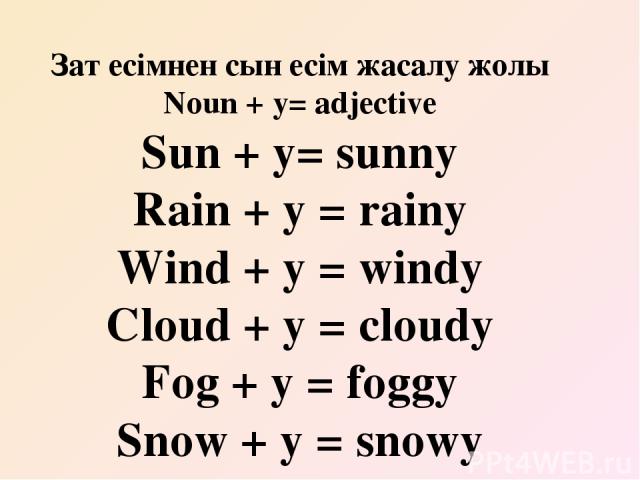 Зат есімнен сын есім жасалу жолы Noun + y= adjective Sun + y= sunny Rain + y = rainy Wind + y = windy Cloud + y = cloudy Fog + y = foggy Snow + y = snowy