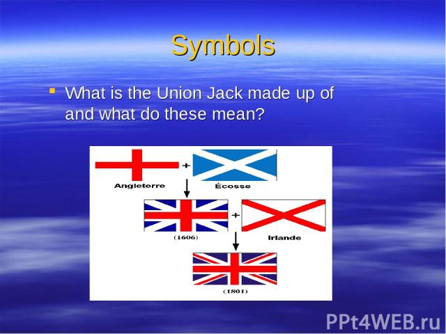 Symbols What is the Union Jack made up of and what do these mean?