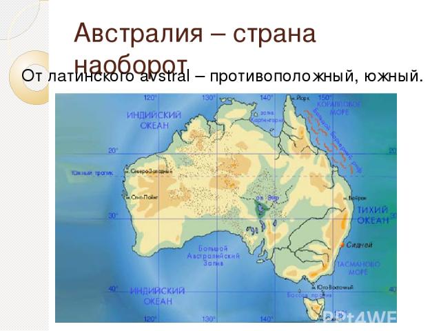 Австралия – страна наоборот От латинского avstral – противоположный, южный.