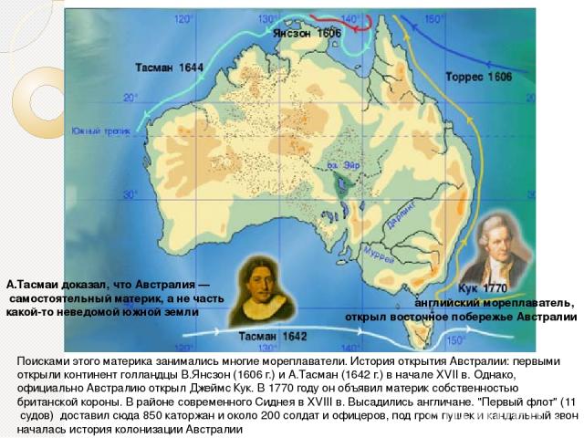 Поисками этого материка занимались многие мореплаватели. История открытия Австралии: первыми открыли континент голландцы В.Янсзон (1606 г.) и А.Тасман (1642 г.) в начале XVII в. Однако, официально Австралию открыл Джеймс Кук. В 1770 году он объявил …