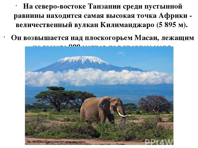 На северо-востоке Танзании среди пустынной равнины находится самая высокая точка Африки - величественный вулкан Килиманджаро (5 895 м). Он возвышается над плоскогорьем Масаи, лежащим на высоте 900 метров над уровнем моря.