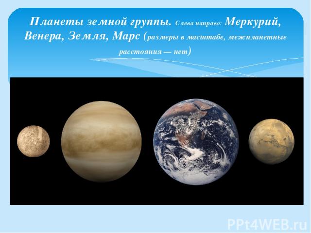 Планеты земной группы. Слева направо: Меркурий, Венера, Земля, Марс (размеры в масштабе, межпланетные расстояния — нет)