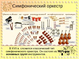 Симфонический оркестр В XVII в. сложился классический тип симфонического оркестр