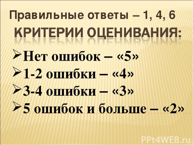 Правильные ответы – 1, 4, 6 Нет ошибок – «5» 1-2 ошибки – «4» 3-4 ошибки – «3» 5 ошибок и больше – «2»