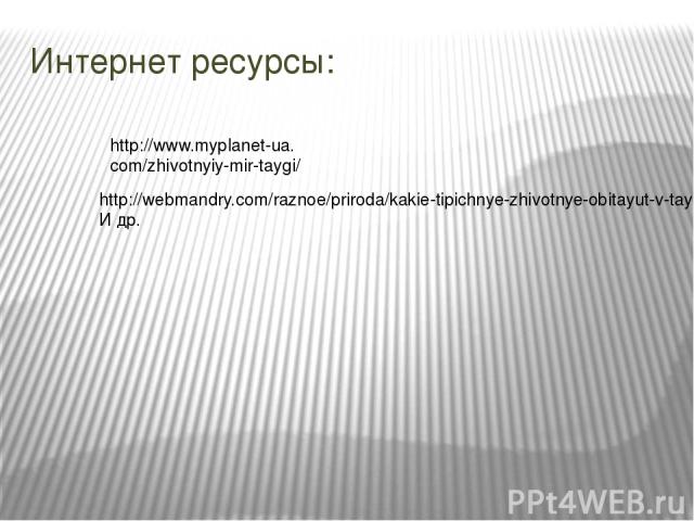 Интернет ресурсы: http://www.myplanet-ua. com/zhivotnyiy-mir-taygi/ http://webmandry.com/raznoe/priroda/kakie-tipichnye-zhivotnye-obitayut-v-tayge.-zhivotnyy-mir-taygi-foto-kartinki-video.html И др.