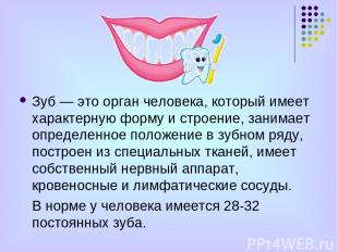Зуб — это орган человека, который имеет характерную форму и строение, занимает о