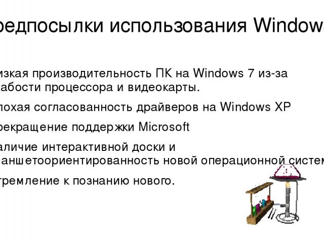 Предпосылки использования Windows 8. Низкая производительность ПК на Windows 7 из-за слабости процессора и видеокарты. Плохая согласованность драйверов на Windows XP Прекращение поддержки Microsoft Наличие интерактивной доски и планшетоориентированн…