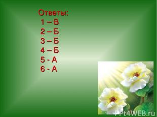 Ответы: 1 – В 2 – Б 3 – Б 4 – Б 5 - А 6 - А