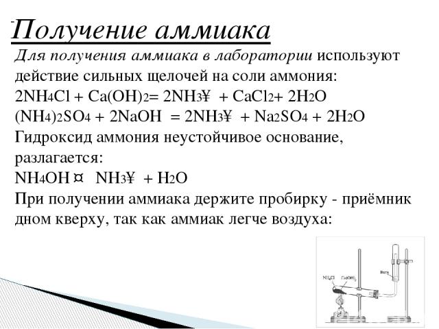     Получение аммиака Для получения аммиака в лаборатории используют действие сильных щелочей на соли аммония: 2NH4Cl + Ca(OH)2= 2NH3↑ + СaCl2+ 2H2O (NH4)2SO4 + 2NaOH  = 2NH3↑ + Na2SO4 + 2H2O Гидроксид аммония неустойчивое основание, разлагается: NH…