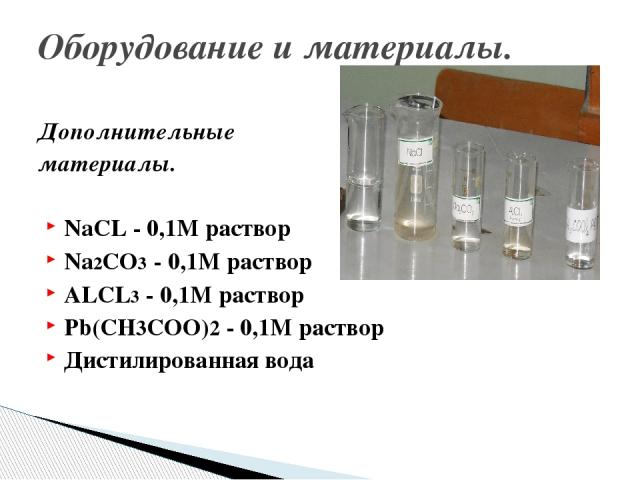 Дополнительные материалы. NaCL - 0,1M раствор Na2CO3 - 0,1M раствор ALCL3 - 0,1M раствор Pb(CH3COO)2 - 0,1M раствор Дистилированная вода Оборудование и материалы.