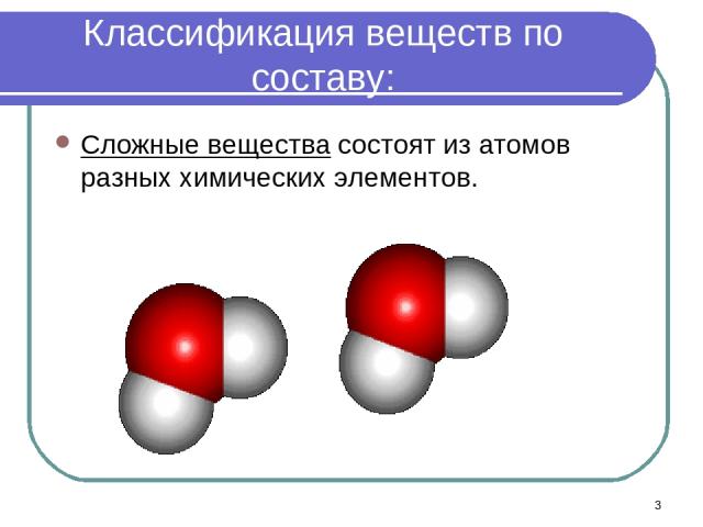 * Классификация веществ по составу: Сложные вещества состоят из атомов разных химических элементов.