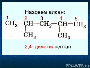 Назовем алкан: 1 2 3 4 5 2,4- диметилпентан