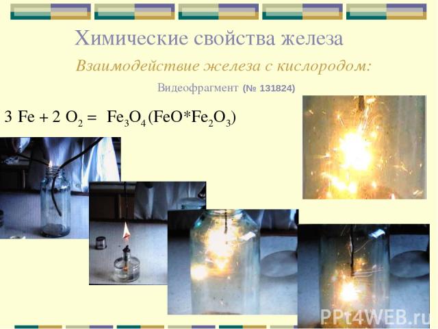 Химические свойства железа Взаимодействие железа с кислородом: Видеофрагмент (№ 131824) Fe + O2 = Fe3O4 (FeO*Fe2O3) 3 2