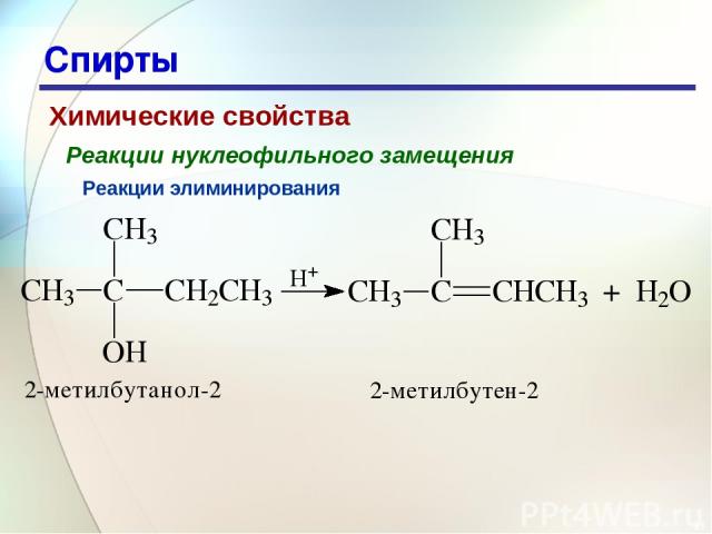 * Спирты Химические свойства Реакции нуклеофильного замещения Реакции элиминирования