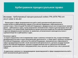 Арбитражное процессуальное право Источник - Арбитражный процессуальный кодекс РФ