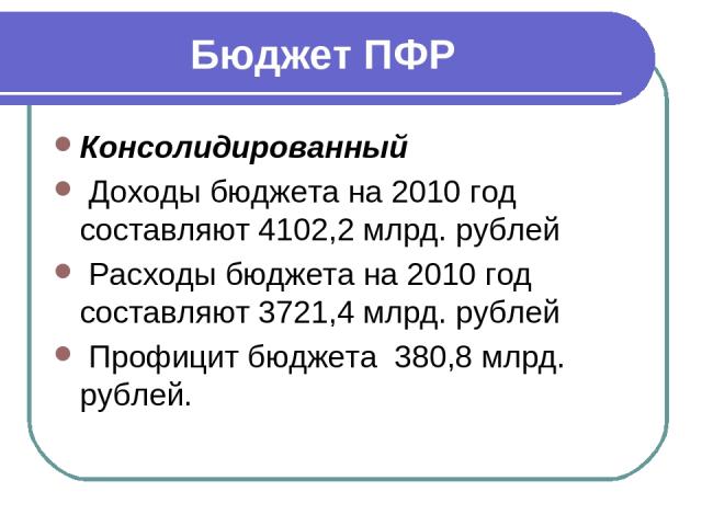 Бюджет ПФР Консолидированный Доходы бюджета на 2010 год составляют 4102,2 млрд. рублей Расходы бюджета на 2010 год составляют 3721,4 млрд. рублей Профицит бюджета 380,8 млрд. рублей.