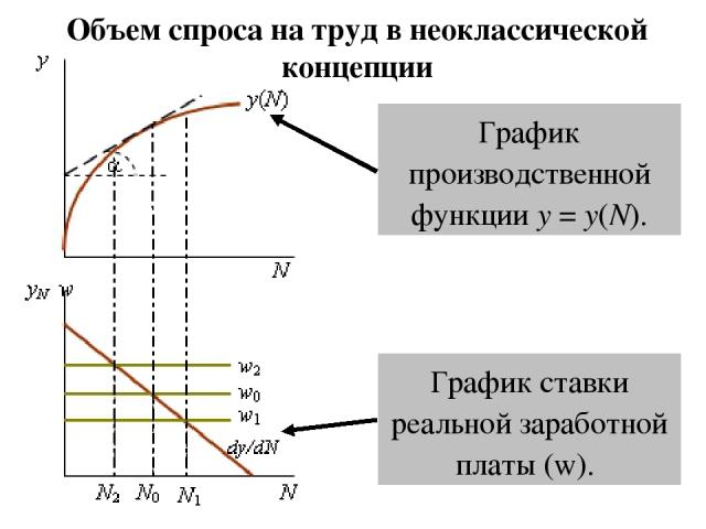 Объем спроса на труд в неоклассической концепции График производственной функции y = y(N). График производственной функции y = y(N). График ставки реальной заработной платы (w).