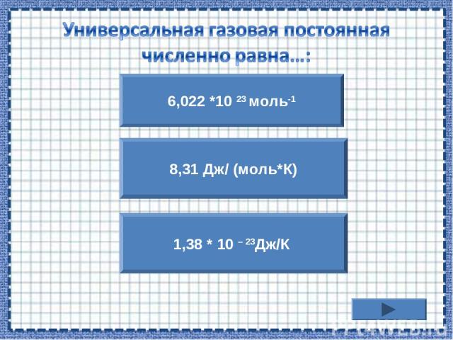 6,022 *10 23 моль-1 1,38 * 10 – 23Дж/К 8,31 Дж/ (моль*К)