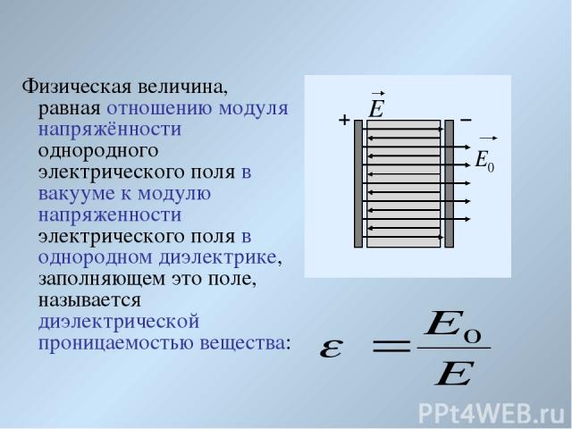 Физическая величина, равная отношению модуля напряжённости однородного электрического поля в вакууме к модулю напряженности электрического поля в однородном диэлектрике, заполняющем это поле, называется диэлектрической проницаемостью вещества: Е