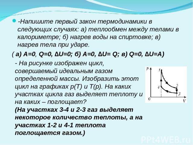 -Напишите первый закон термодинамики в следующих случаях: а) теплообмен между телами в калориметре; б) нагрев воды на спиртовке; в) нагрев тела при ударе. ( а) А=0, Q=0, ∆U=0; б) А=0, ∆U= Q; в) Q=0, ∆U=А) - На рисунке изображен цикл, совершаемый иде…