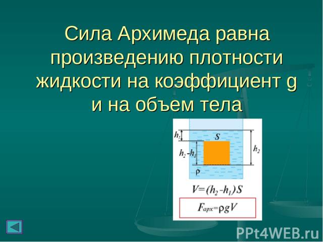 Сила Архимеда равна произведению плотности жидкости на коэффициент g и на объем тела