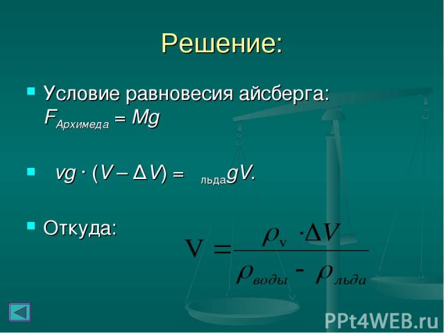 Решение: Условие равновесия айсберга: FАрхимеда = Mg ρvg ∙ (V – ΔV) = ρльдаgV. Откуда: