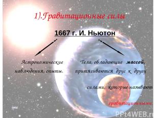 1).Гравитационные силы 1667 г. И. Ньютон Астрономические Тела, обладающие массой