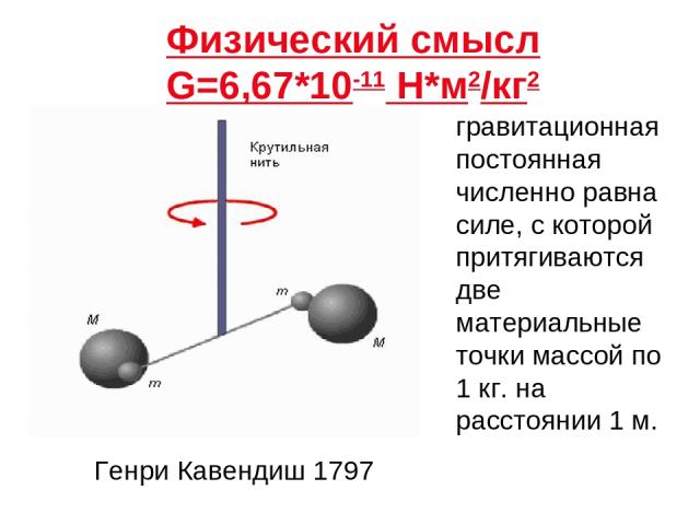 гравитационная постоянная численно равна силе, с которой притягиваются две материальные точки массой по 1 кг. на расстоянии 1 м. Физический смысл G=6,67*10-11 Н*м2/кг2 Генри Кавендиш 1797