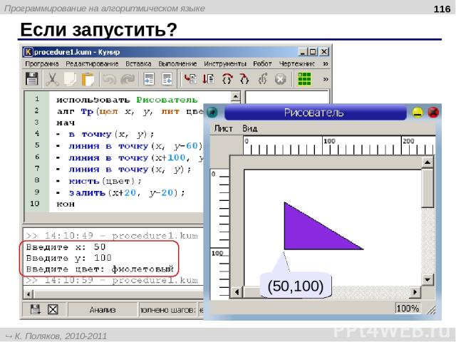 Если запустить? * (50,100) Программирование на алгоритмическом языке К. Поляков, 2010-2011 http://kpolyakov.narod.ru