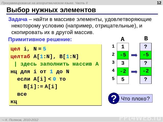 * Выбор нужных элементов Задача – найти в массиве элементы, удовлетворяющие некоторому условию (например, отрицательные), и скопировать их в другой массив. Примитивное решение: цел i, N = 5 целтаб A[1:N], B[1:N] | здесь заполнить массив A нц для i о…