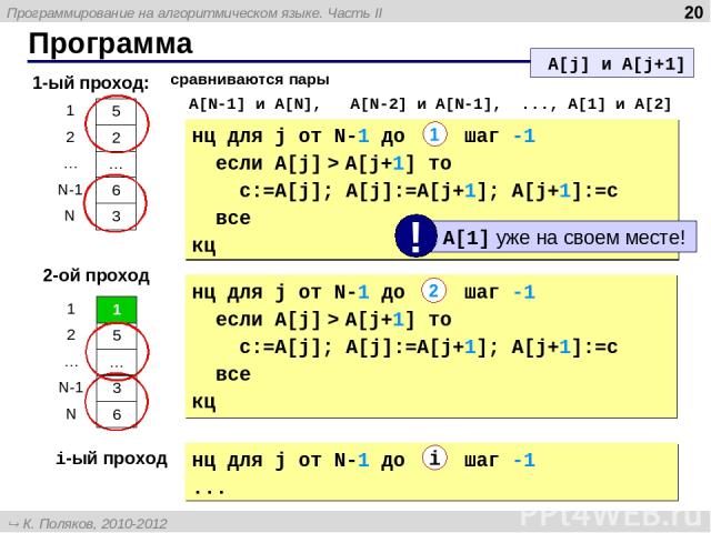 * Программа 1-ый проход: сравниваются пары A[N-1] и A[N], A[N-2] и A[N-1], ..., A[1] и A[2] A[j] и A[j+1] 2-ой проход нц для j от N-1 до 2 шаг -1 если A[j] > A[j+1] то c:=A[j]; A[j]:=A[j+1]; A[j+1]:=c все кц 2 нц для j от N-1 до 1 шаг -1 если A[j] >…
