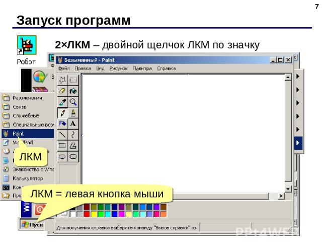 Запуск программ * 2×ЛКМ – двойной щелчок ЛКМ по значку навести мышь ЛКМ ЛКМ = левая кнопка мыши
