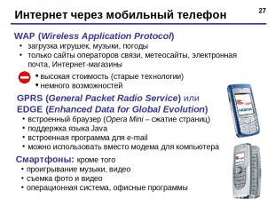 * Интернет через мобильный телефон WAP (Wireless Application Protocol) загрузка