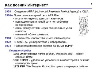 * Как возник Интернет? 1958 Создание ARPA (Advanced Research Project Agency) в С