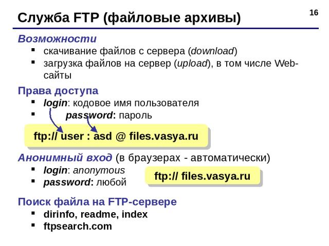 * Служба FTP (файловые архивы) Возможности скачивание файлов c сервера (download) загрузка файлов на сервер (upload), в том числе Web-сайты Права доступа login: кодовое имя пользователя password: пароль Анонимный вход (в браузерах - автоматически) l…