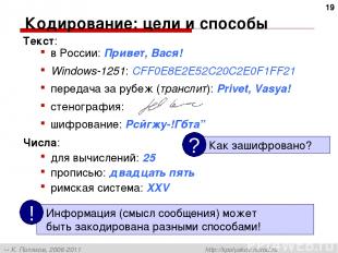 Кодирование: цели и способы Текст: в России: Привет, Вася! Windows-1251: CFF0E8E