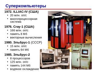 1972. ILLIAC-IV (США) 20 млн. оп/c многопроцессорная система 1976. Cray-1 (США)