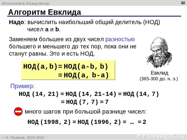 Алгоритм Евклида * Евклид (365-300 до. н. э.) НОД(a,b)= НОД(a-b, b) = НОД(a, b-a) Заменяем большее из двух чисел разностью большего и меньшего до тех пор, пока они не станут равны. Это и есть НОД. НОД (14, 21) = НОД (14, 21-14) = НОД (14, 7) НОД (19…