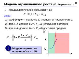 * Модель ограниченного роста (П. Ферхюльст) L – предельная численность животных