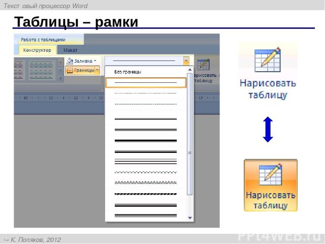 Таблицы – рамки Текстовый процессор Word К. Поляков, 2012 http://kpolyakov.narod.ru