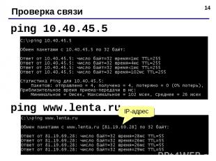 * Проверка связи ping 10.40.45.5 ping www.lenta.ru IP-адрес