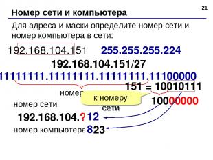 * Номер сети и компьютера Для адреса и маски определите номер сети и номер компь