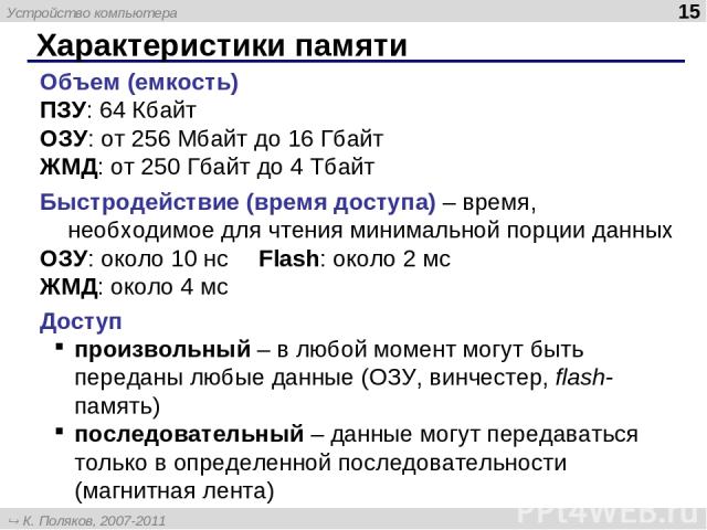 Характеристики памяти * Объем (емкость) ПЗУ: 64 Кбайт ОЗУ: от 256 Мбайт до 16 Гбайт ЖМД: от 250 Гбайт до 4 Тбайт Быстродействие (время доступа) – время, необходимое для чтения минимальной порции данных ОЗУ: около 10 нс Flash: около 2 мс ЖМД: около 4…