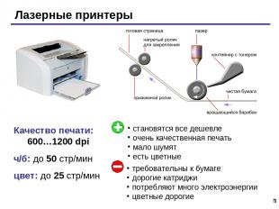 * Качество печати: 600…1200 dpi ч/б: до 50 стр/мин цвет: до 25 стр/мин Лазерные