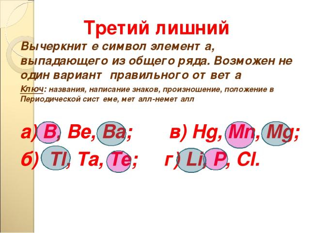 Третий лишний Вычеркните символ элемента, выпадающего из общего ряда. Возможен не один вариант правильного ответа Ключ: названия, написание знаков, произношение, положение в Периодической системе, металл-неметалл а) B, Be, Ba; в) Hg, Mn, Mg; б) Tl, …