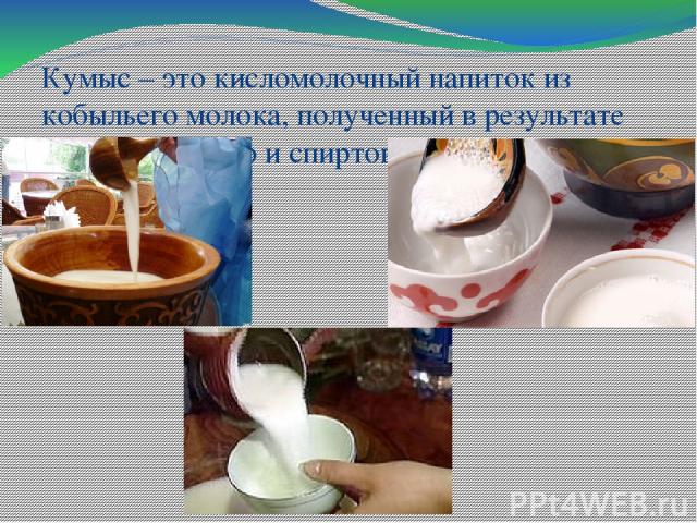 Кумыс – это кисломолочный напиток из кобыльего молока, полученный в результате молочнокислого и спиртового брожения.