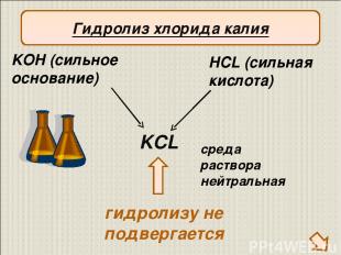 KCL HCL (сильная кислота) KOH (сильное основание) гидролизу не подвергается сред