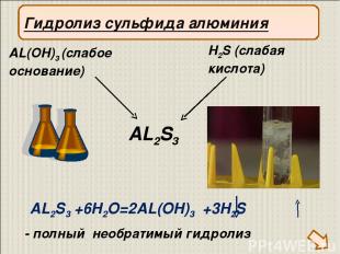 AL2S3 +6H2O=2AL(OH)3 +3H2S AL2S3 H2S (слабая кислота) AL(OH)3 (слабое основание)