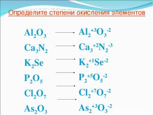 Определите степени окисления элементов Al2O3 Ca3N2 K2Se P2O5 Cl2O7 As2O3 Al2+3O3
